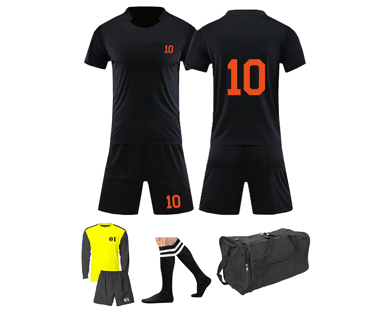 Soccer Kit 15 Set Adults/Football Kit - Black and White Orange Printing