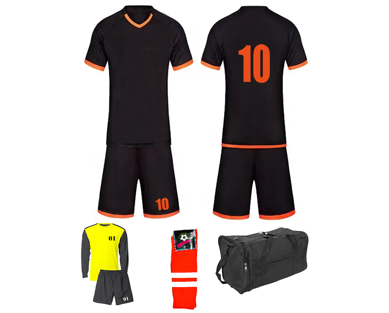 Soccer Kit 15 Set Adults/Football Kit - Black With Orange Printing